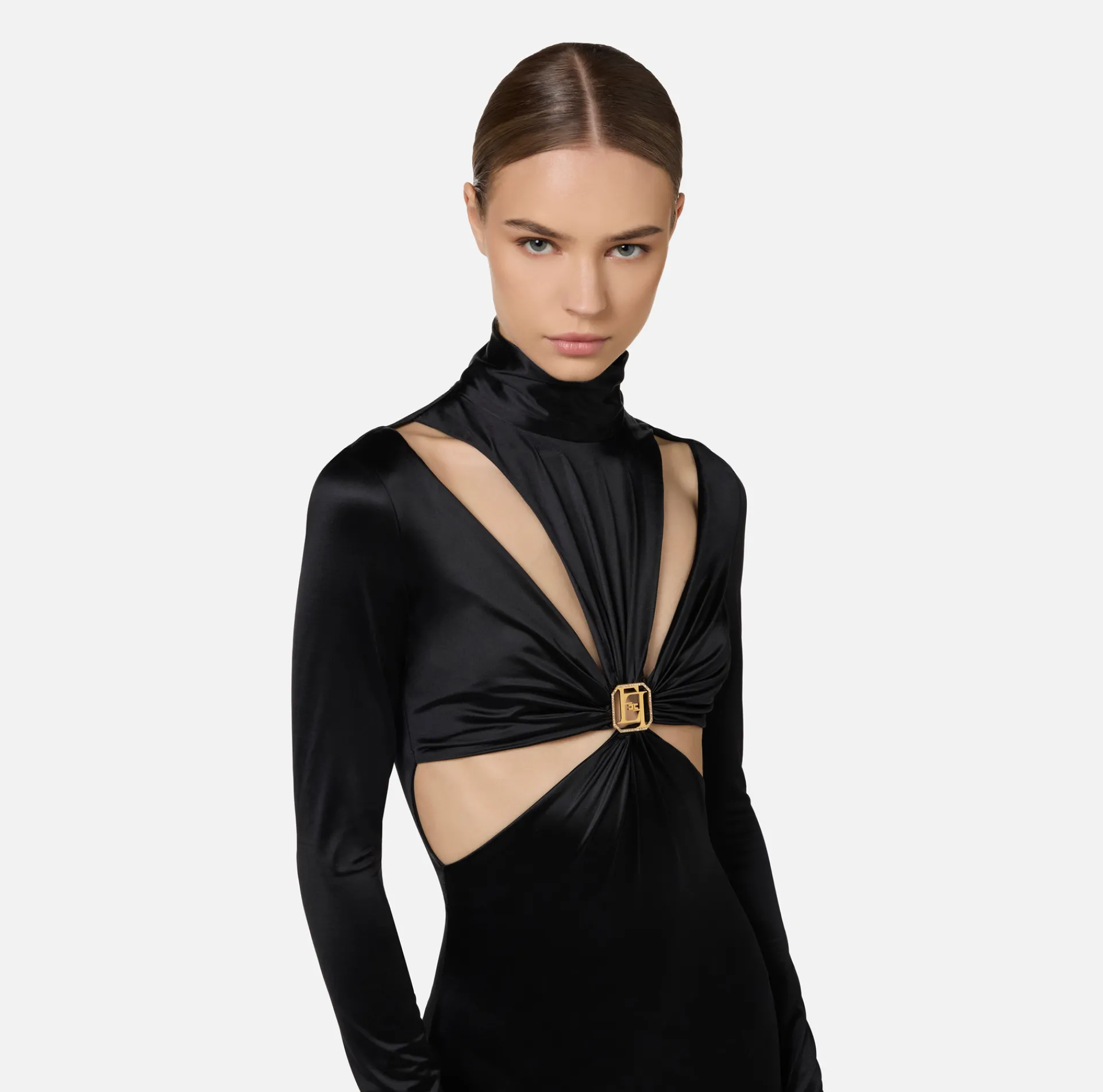 Elisabetta Franchi Jumpsuits|Lycra jumpsuit with cut-out pattern and logo accessory Black