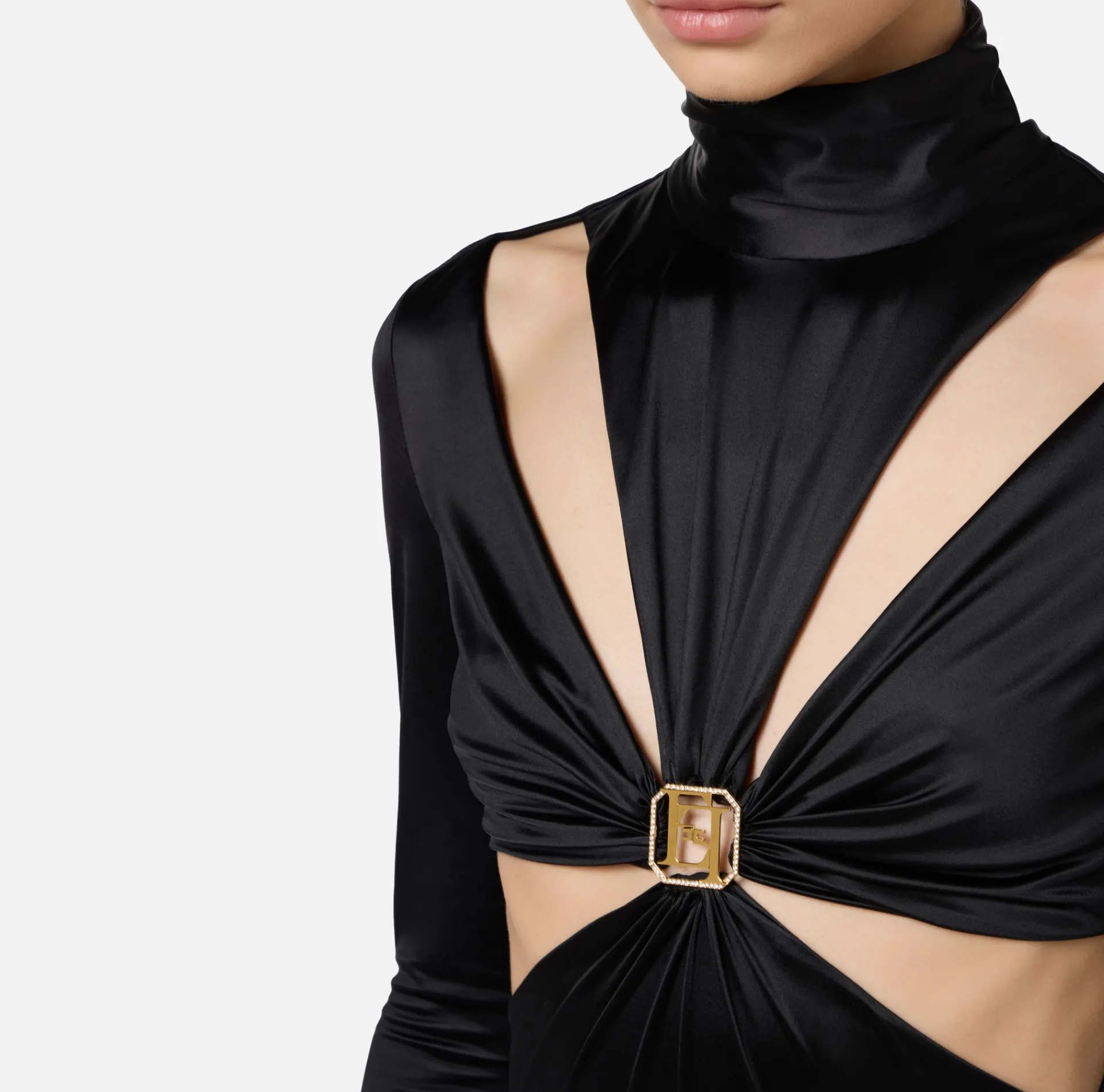 Elisabetta Franchi Jumpsuits|Lycra jumpsuit with cut-out pattern and logo accessory Black