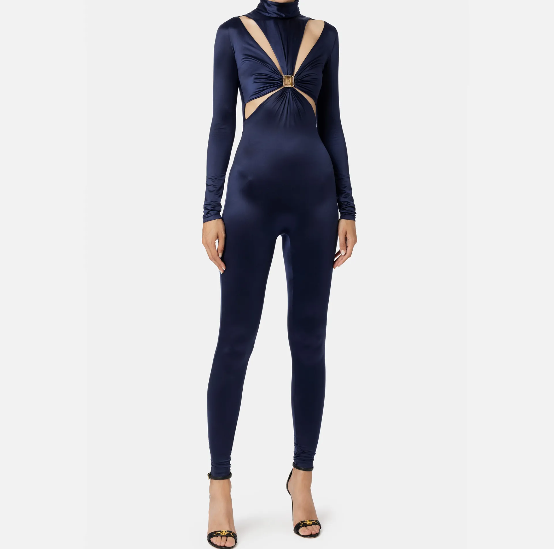 Elisabetta Franchi Jumpsuits|Lycra jumpsuit with cut-out pattern and logo accessory Navy