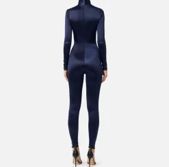 Elisabetta Franchi Jumpsuits|Lycra jumpsuit with cut-out pattern and logo accessory Navy