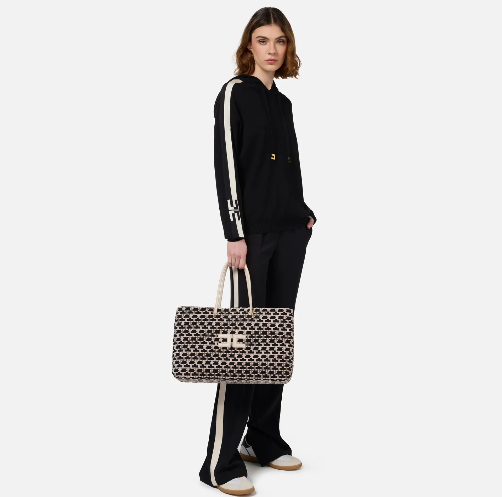 Elisabetta Franchi Shoulder Bags|Madame Monogram Shopper Bag With Logo Black/Butter