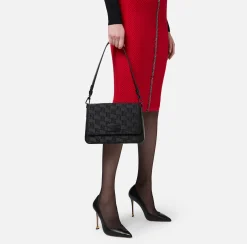 Elisabetta Franchi Shoulder Bags|Medium shoulder bag in embroidered satin Black