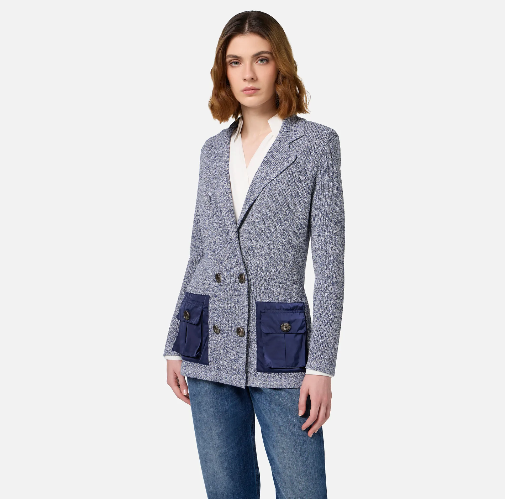 Elisabetta Franchi Jackets And Trench Coats|Knitwear And Sweatshirts|Melange viscose blazer with pockets in technical voile fabric