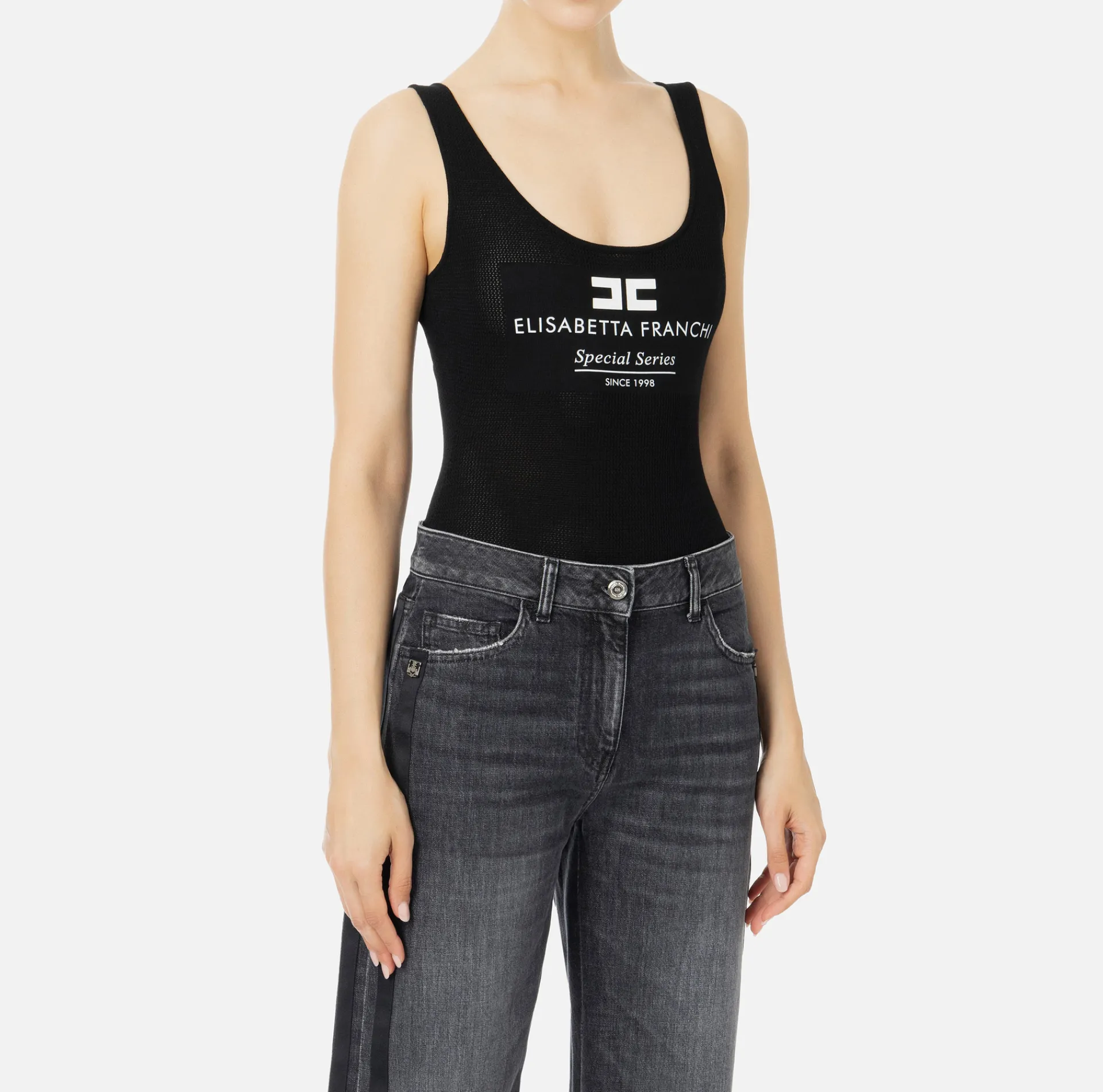 Elisabetta Franchi Top And T-Shirts|Mesh stitch bodysuit in viscose fabric with inlay Black