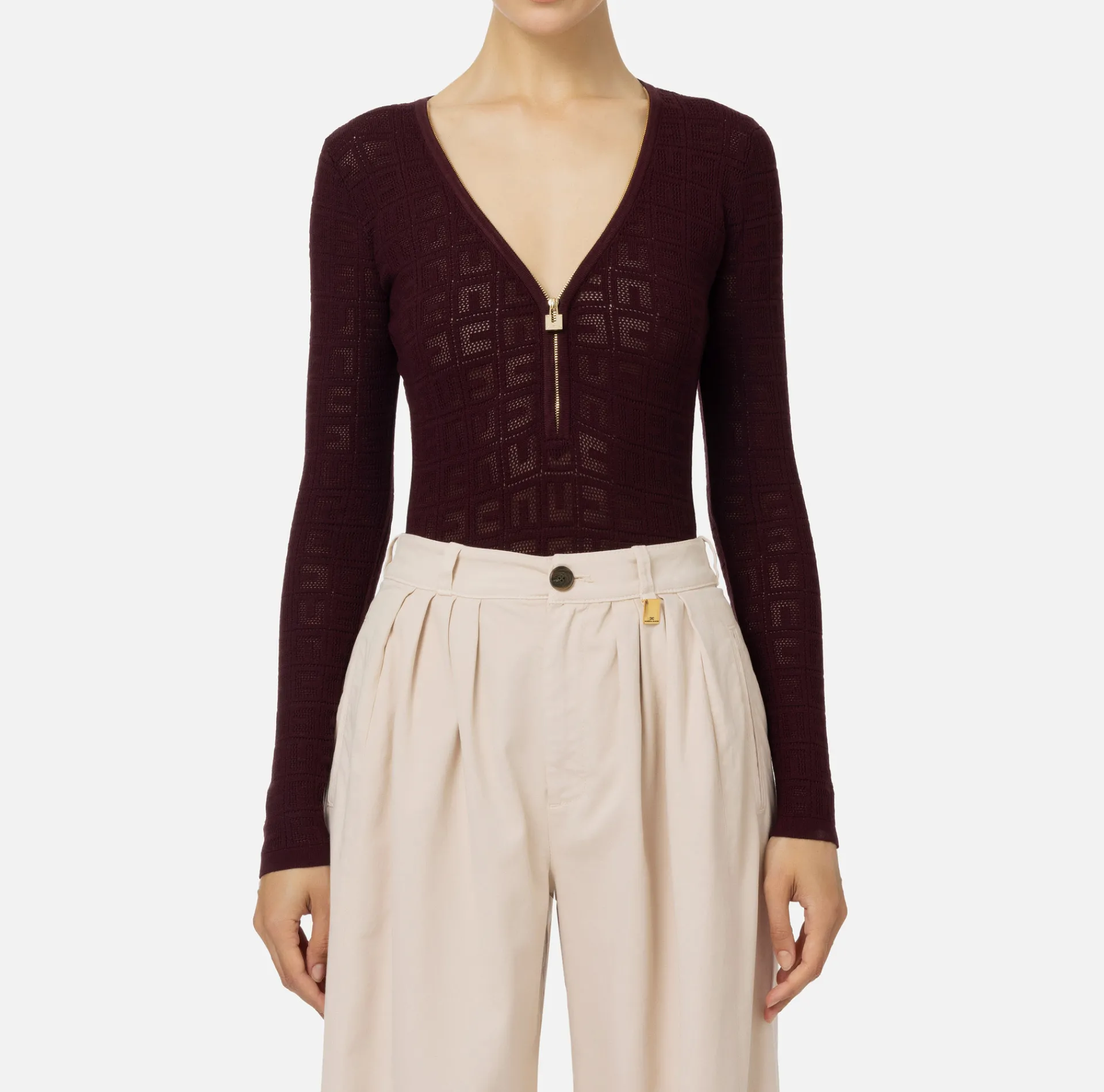 Elisabetta Franchi Top And T-Shirts|Mesh stitch bodysuit in viscose fabric with logo RougeNoir