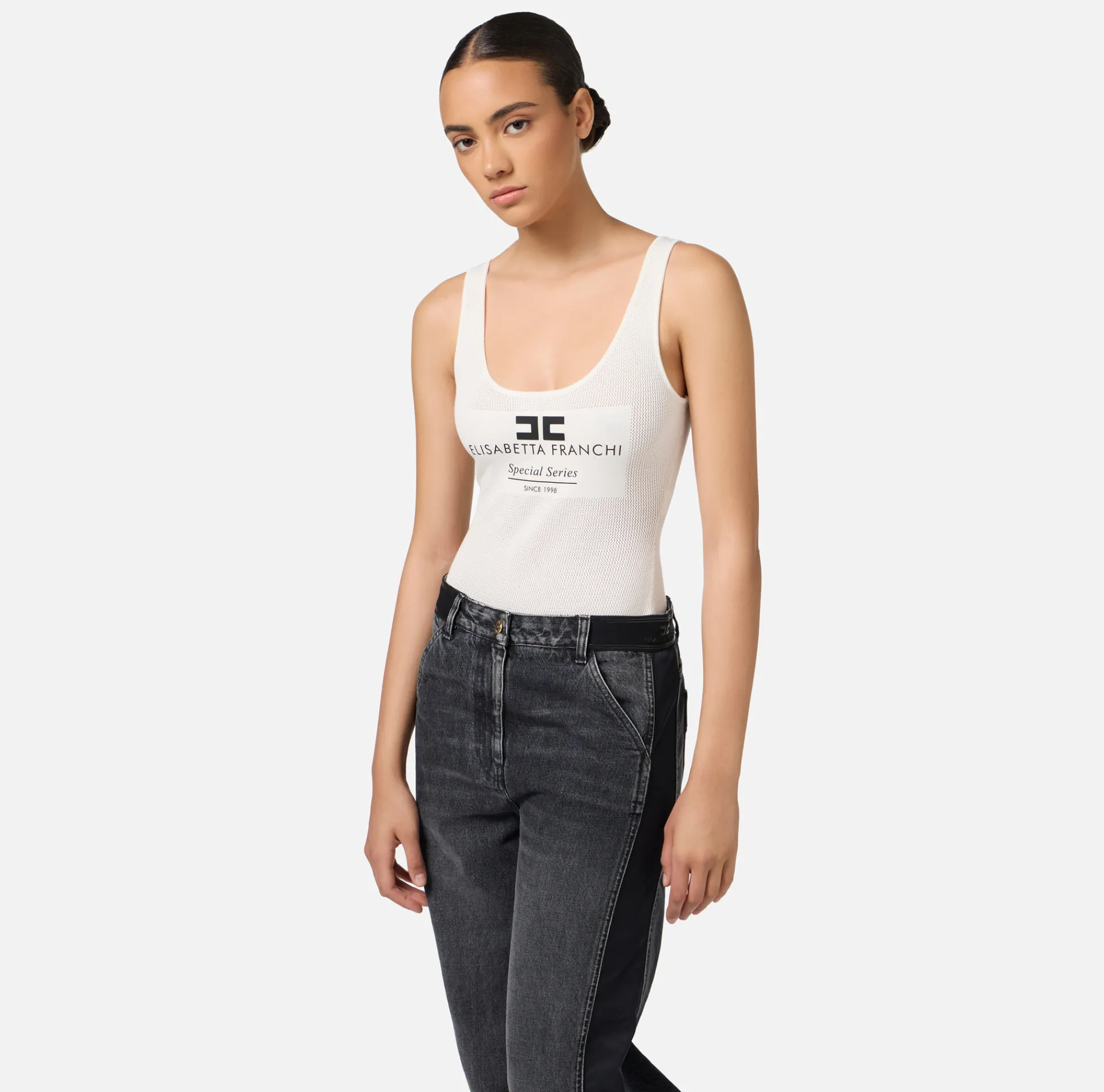 Elisabetta Franchi Top And T-Shirts|Mesh stitch bodysuit in viscose fabric with inlay Ivory