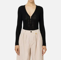 Elisabetta Franchi Top And T-Shirts|Mesh stitch bodysuit in viscose fabric with logo Black