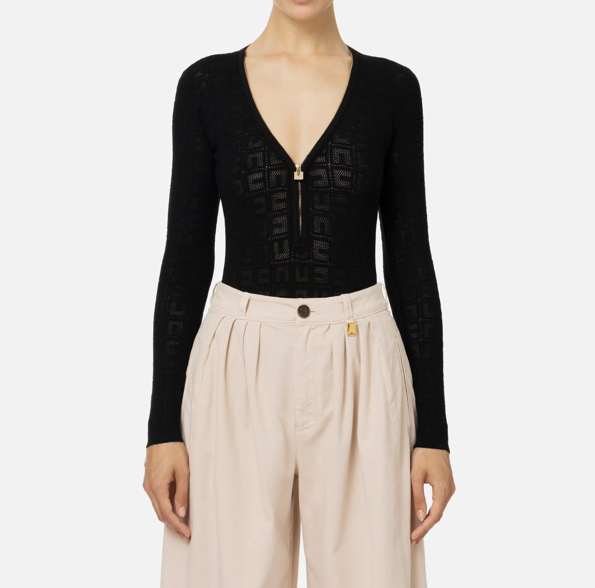 Elisabetta Franchi Top And T-Shirts|Mesh stitch bodysuit in viscose fabric with logo Black