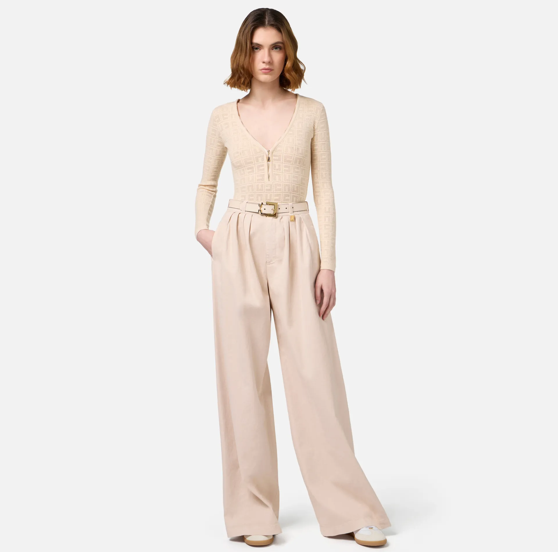Elisabetta Franchi Top And T-Shirts|Mesh stitch bodysuit in viscose fabric with logo Butter
