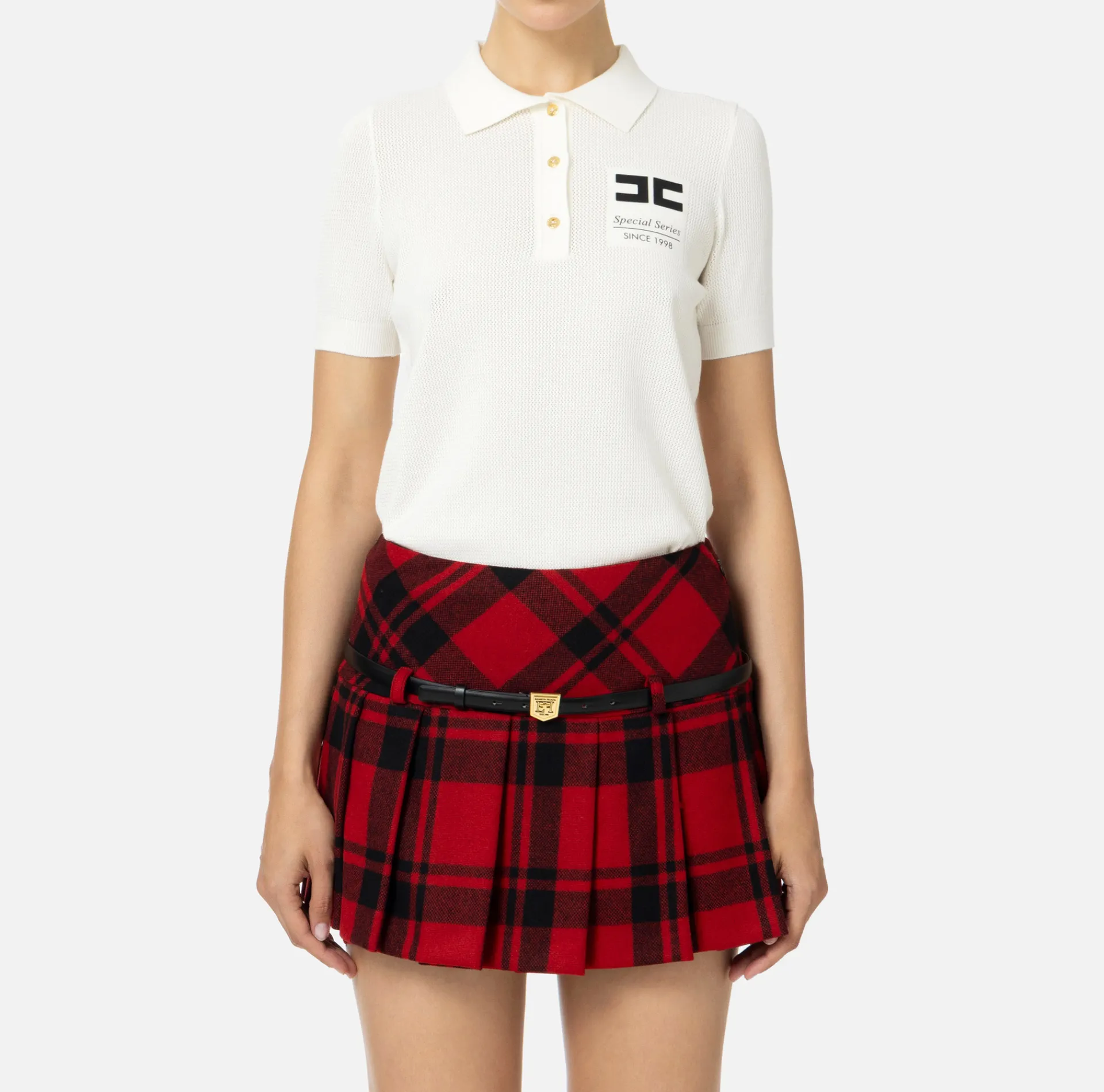 Elisabetta Franchi Knitwear And Sweatshirts|Mesh stitch polo shirt in viscose fabric with inlay Ivory