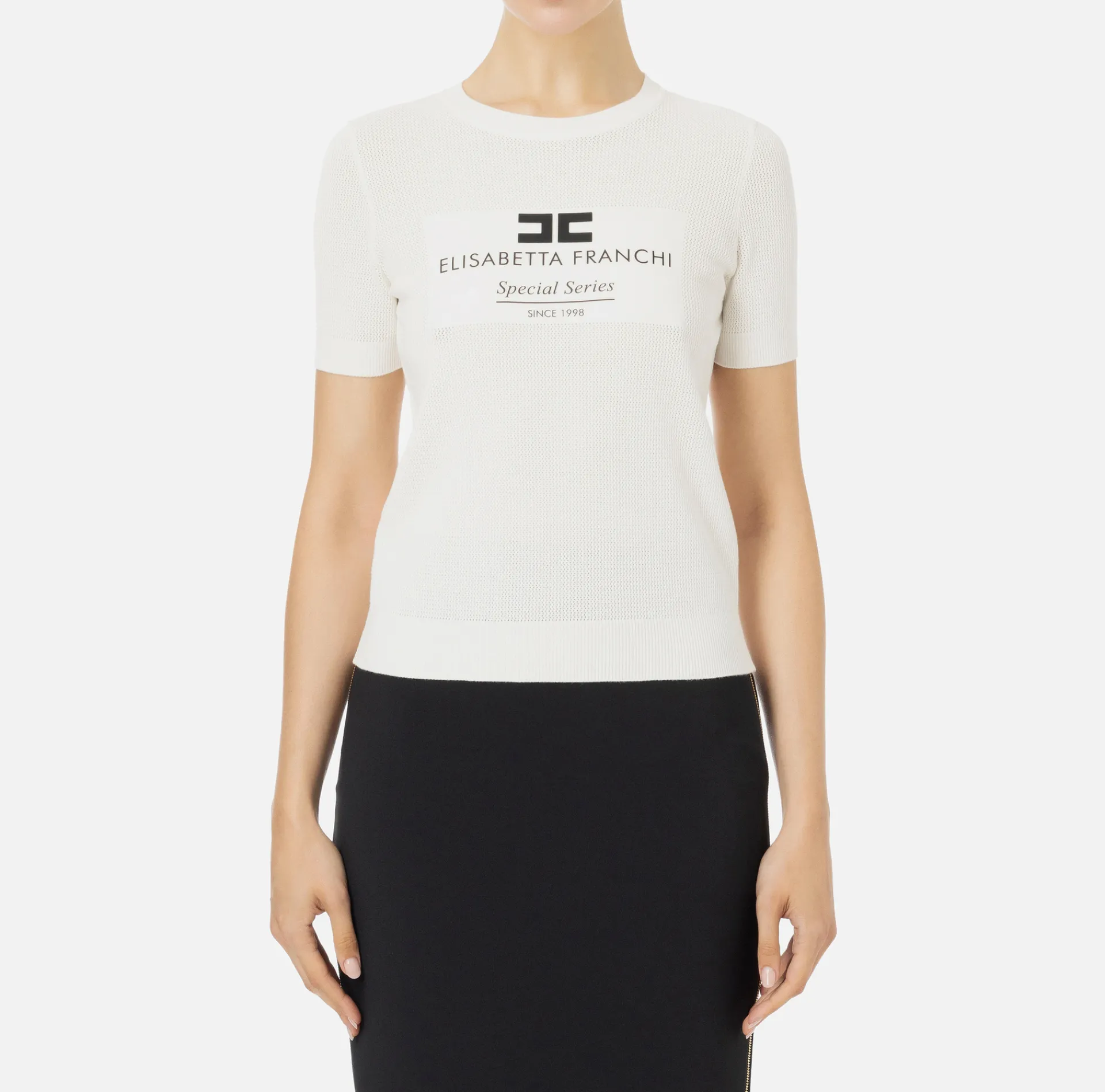 Elisabetta Franchi Knitwear And Sweatshirts|Mesh stitch shirt in viscose fabric with inlay Ivory