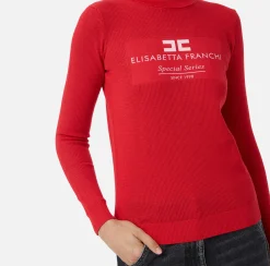 Elisabetta Franchi Knitwear And Sweatshirts|Mesh stitch turtleneck in viscose fabric with inlay RedPassion/PowderPink