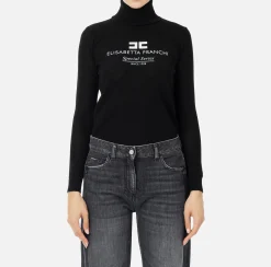 Elisabetta Franchi Knitwear And Sweatshirts|Mesh stitch turtleneck in viscose fabric with inlay Black