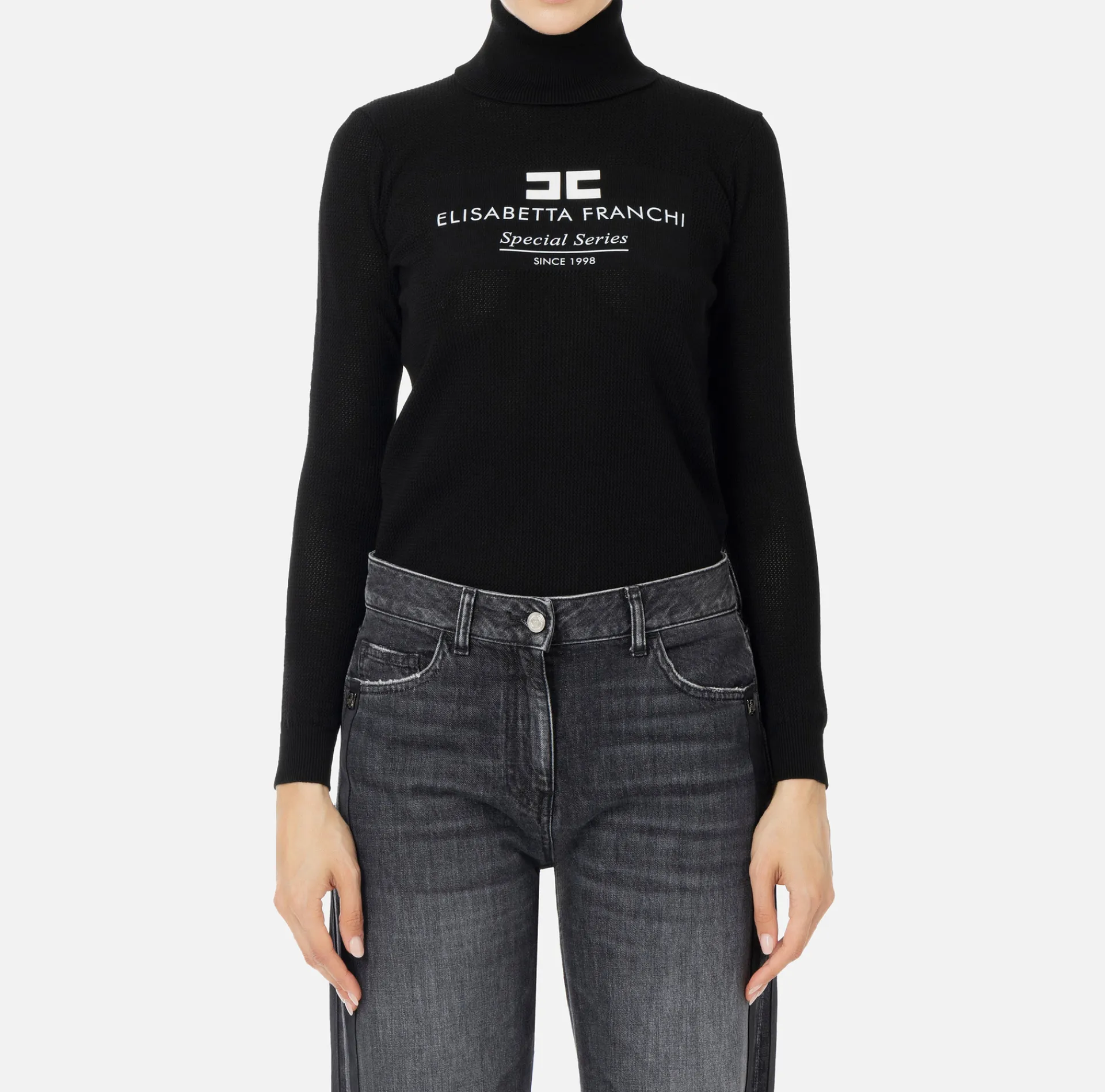 Elisabetta Franchi Knitwear And Sweatshirts|Mesh stitch turtleneck in viscose fabric with inlay Black