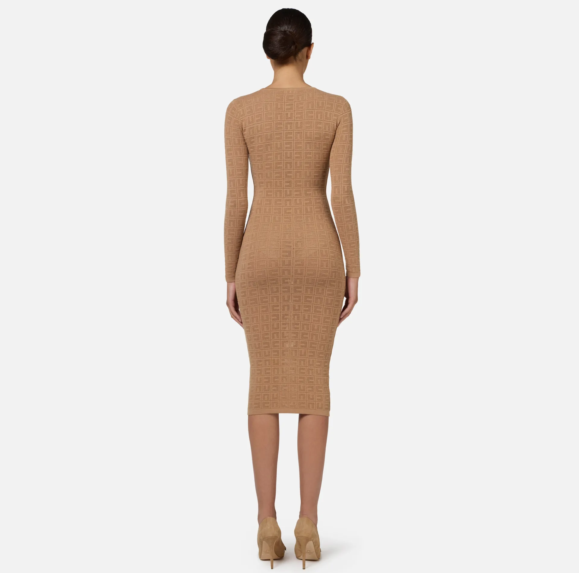 Elisabetta Franchi Midi Dresses|Knitted Dresses|Mesh stitch viscose midi dress with logo Camel