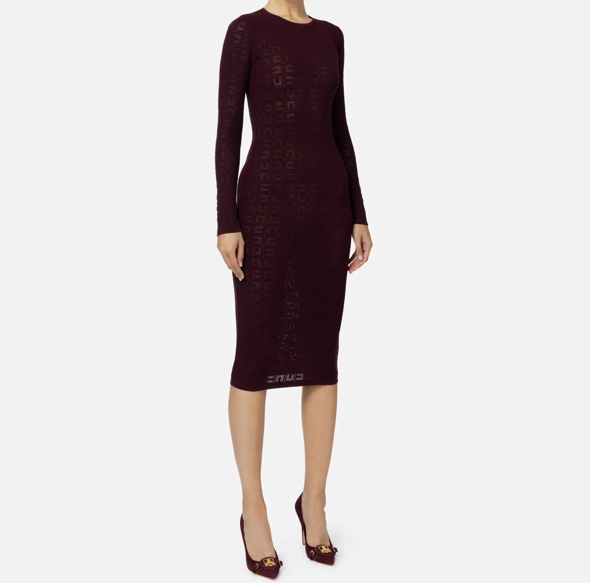 Elisabetta Franchi Midi Dresses|Knitted Dresses|Mesh stitch viscose midi dress with logo RougeNoir
