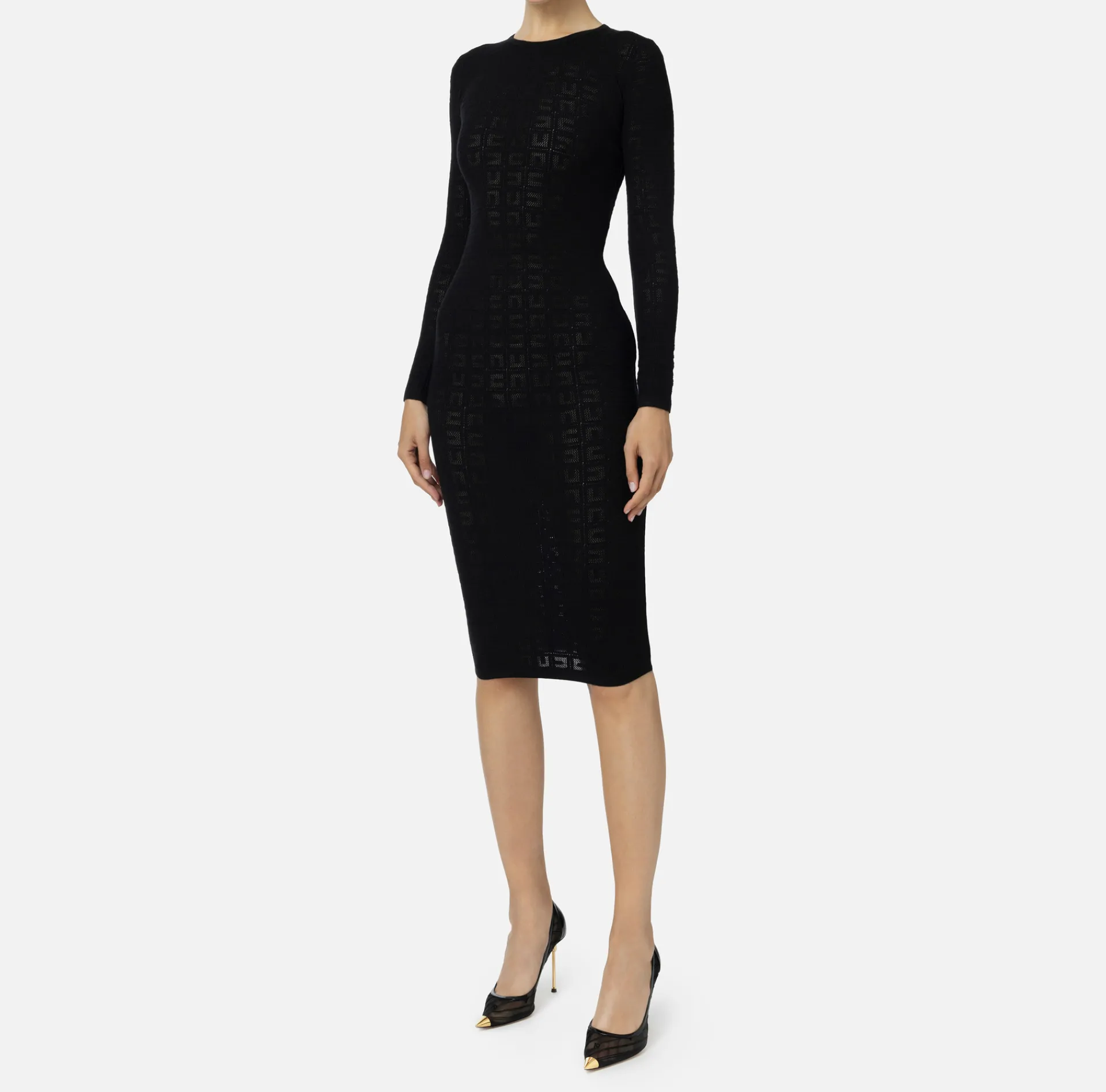 Elisabetta Franchi Midi Dresses|Knitted Dresses|Mesh stitch viscose midi dress with logo Black
