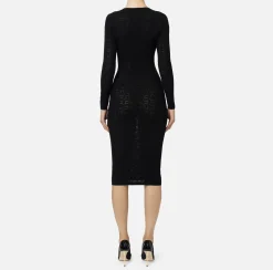 Elisabetta Franchi Midi Dresses|Knitted Dresses|Mesh stitch viscose midi dress with logo Black