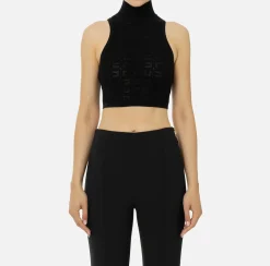 Elisabetta Franchi Top And T-Shirts|Mesh stitch viscose top with logo Black