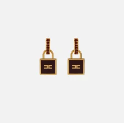 Elisabetta Franchi Jewelry|Metal Earrings with padlock charm YellowGold/RougeNoir