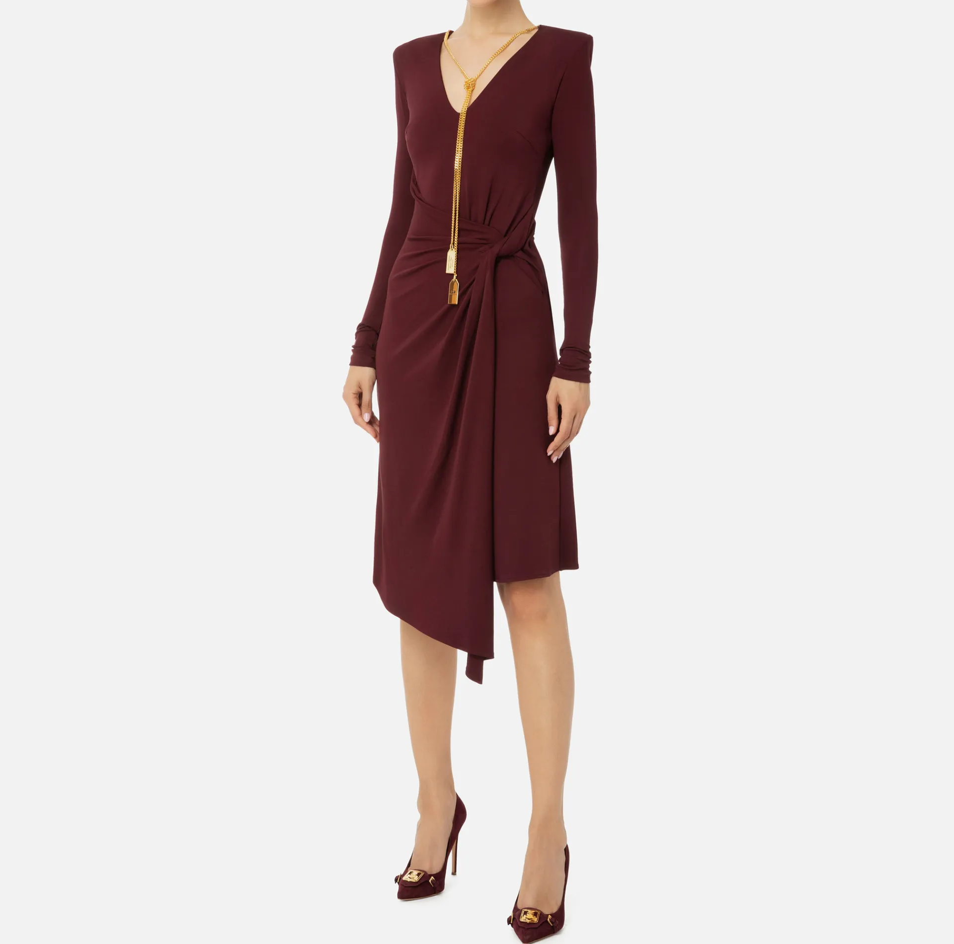 Elisabetta Franchi Midi Dresses|Dresses|Midi dress in draped jersey with necklace RougeNoir