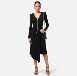 Elisabetta Franchi Midi Dresses|Dresses|Midi dress in draped jersey with necklace Black
