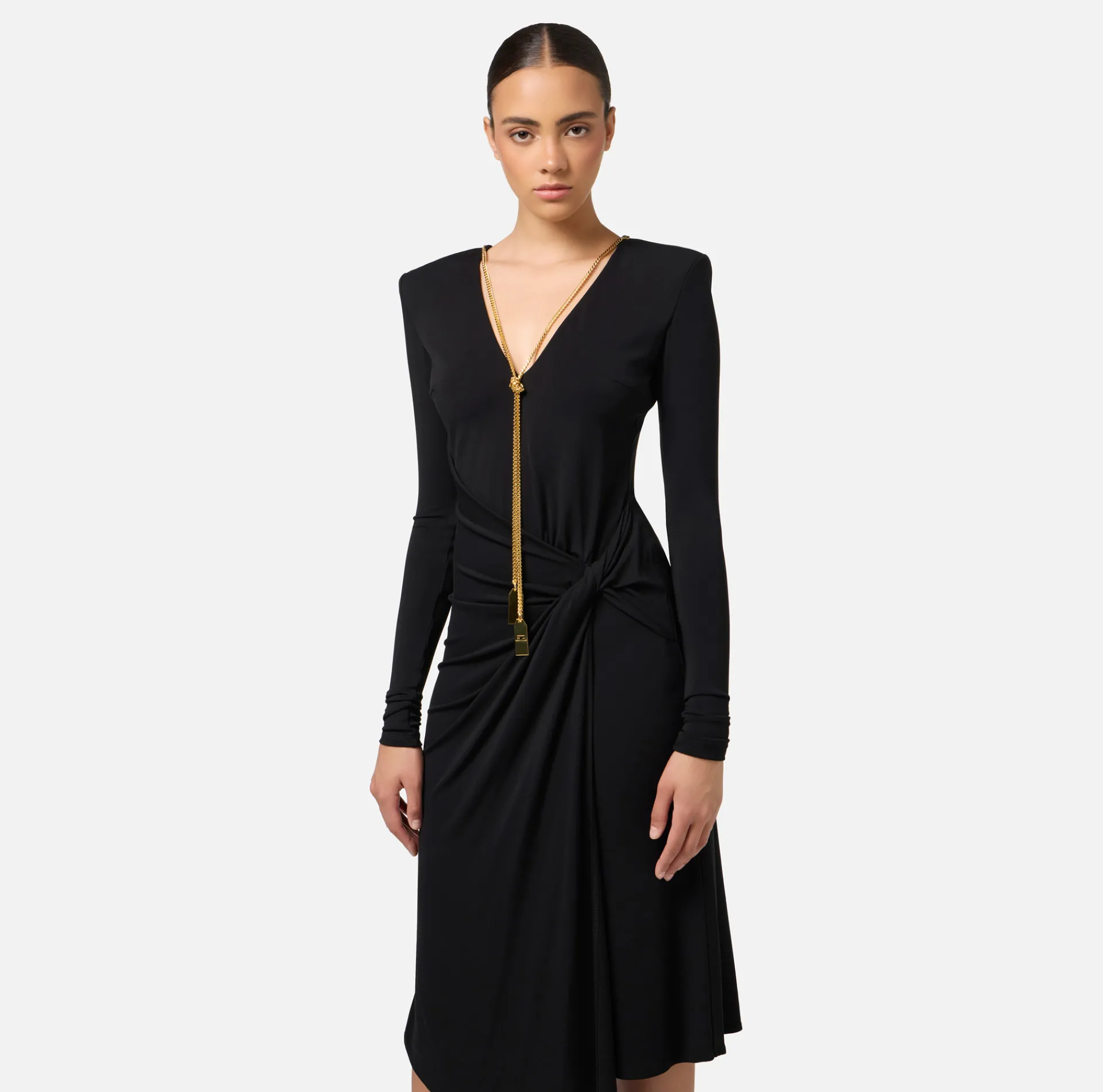 Elisabetta Franchi Midi Dresses|Dresses|Midi dress in draped jersey with necklace Black