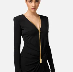 Elisabetta Franchi Midi Dresses|Dresses|Midi dress in draped jersey with necklace Black