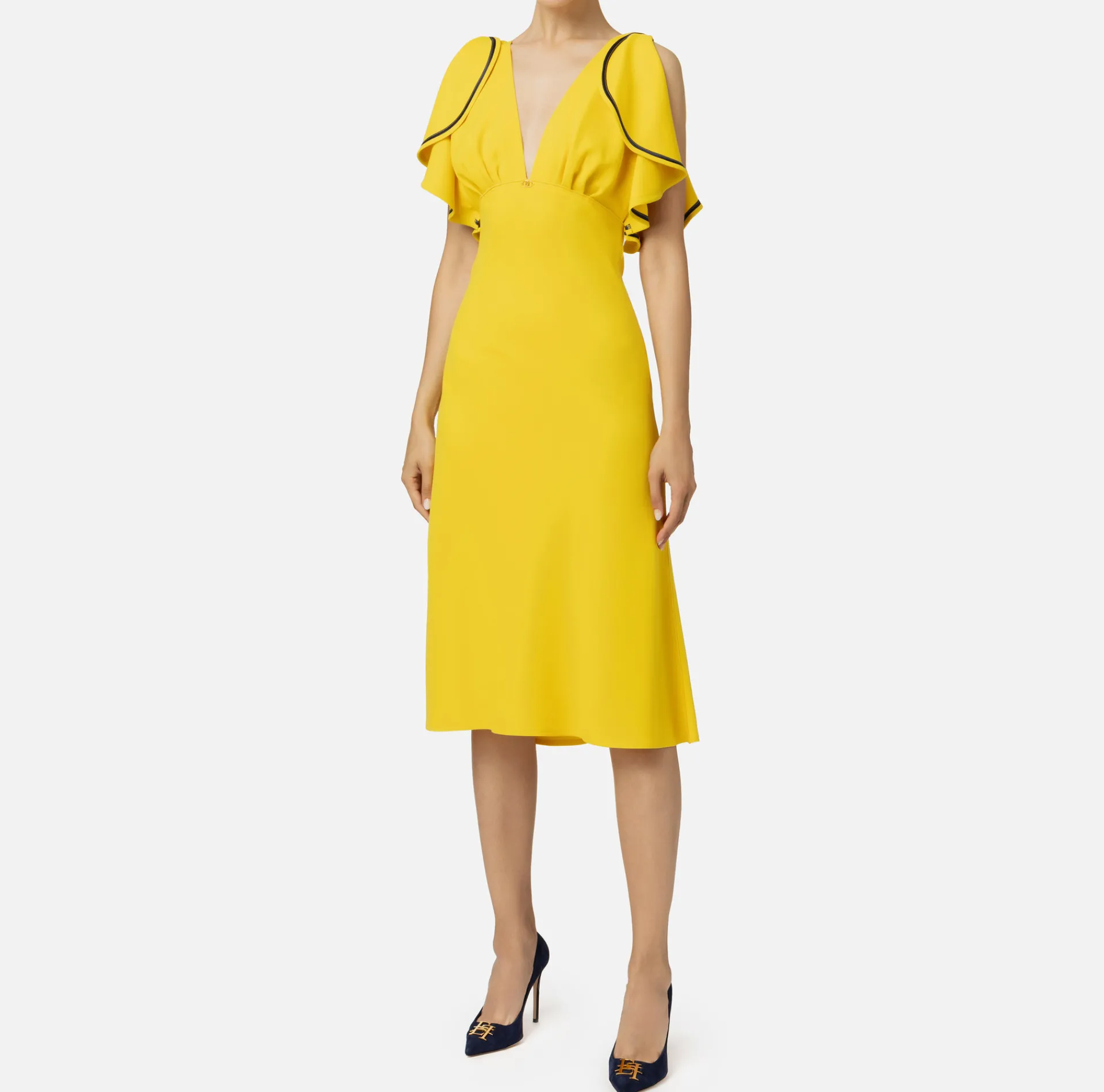 Elisabetta Franchi Midi Dresses|Dresses|Midi dress in flowing crêpe fabric with cap sleeves Mimosa/Navy