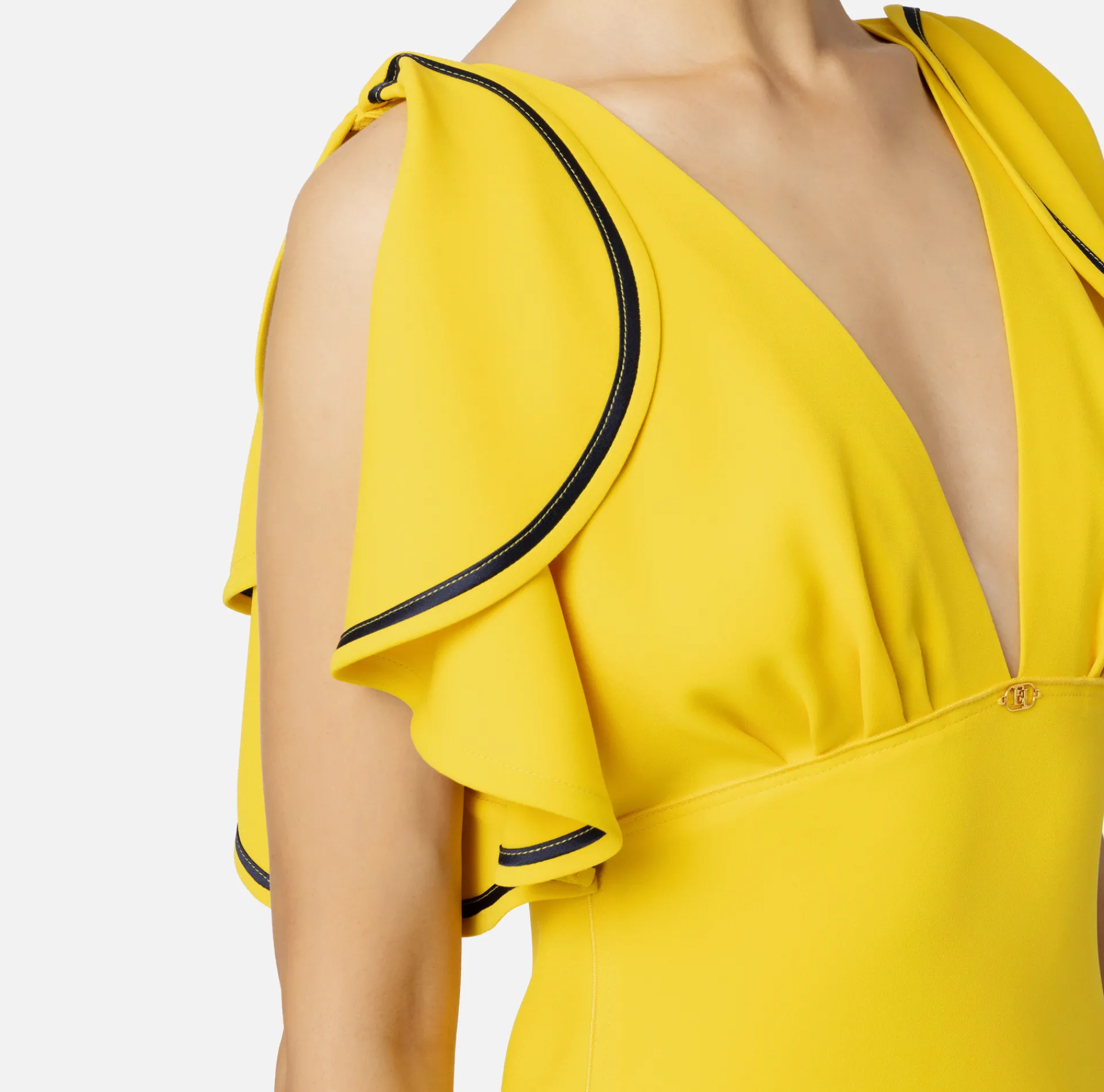 Elisabetta Franchi Midi Dresses|Dresses|Midi dress in flowing crêpe fabric with cap sleeves Mimosa/Navy
