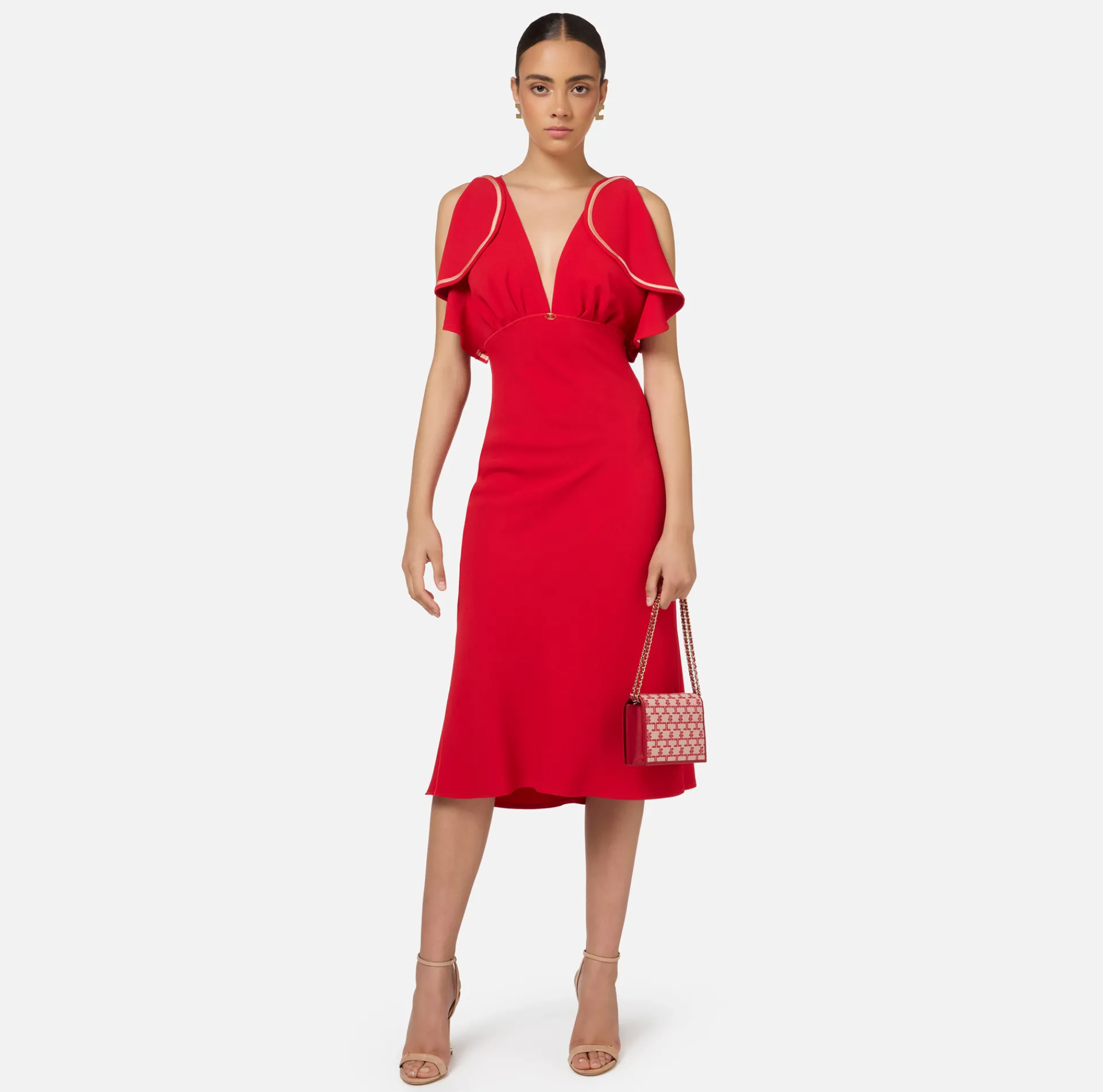 Elisabetta Franchi Midi Dresses|Dresses|Midi dress in flowing crêpe fabric with cap sleeves RedPassion/PeachRose