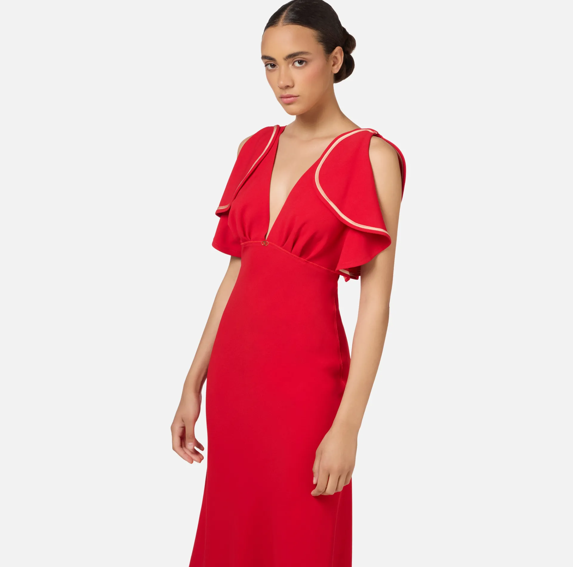Elisabetta Franchi Midi Dresses|Dresses|Midi dress in flowing crêpe fabric with cap sleeves RedPassion/PeachRose