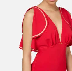 Elisabetta Franchi Midi Dresses|Dresses|Midi dress in flowing crêpe fabric with cap sleeves RedPassion/PeachRose