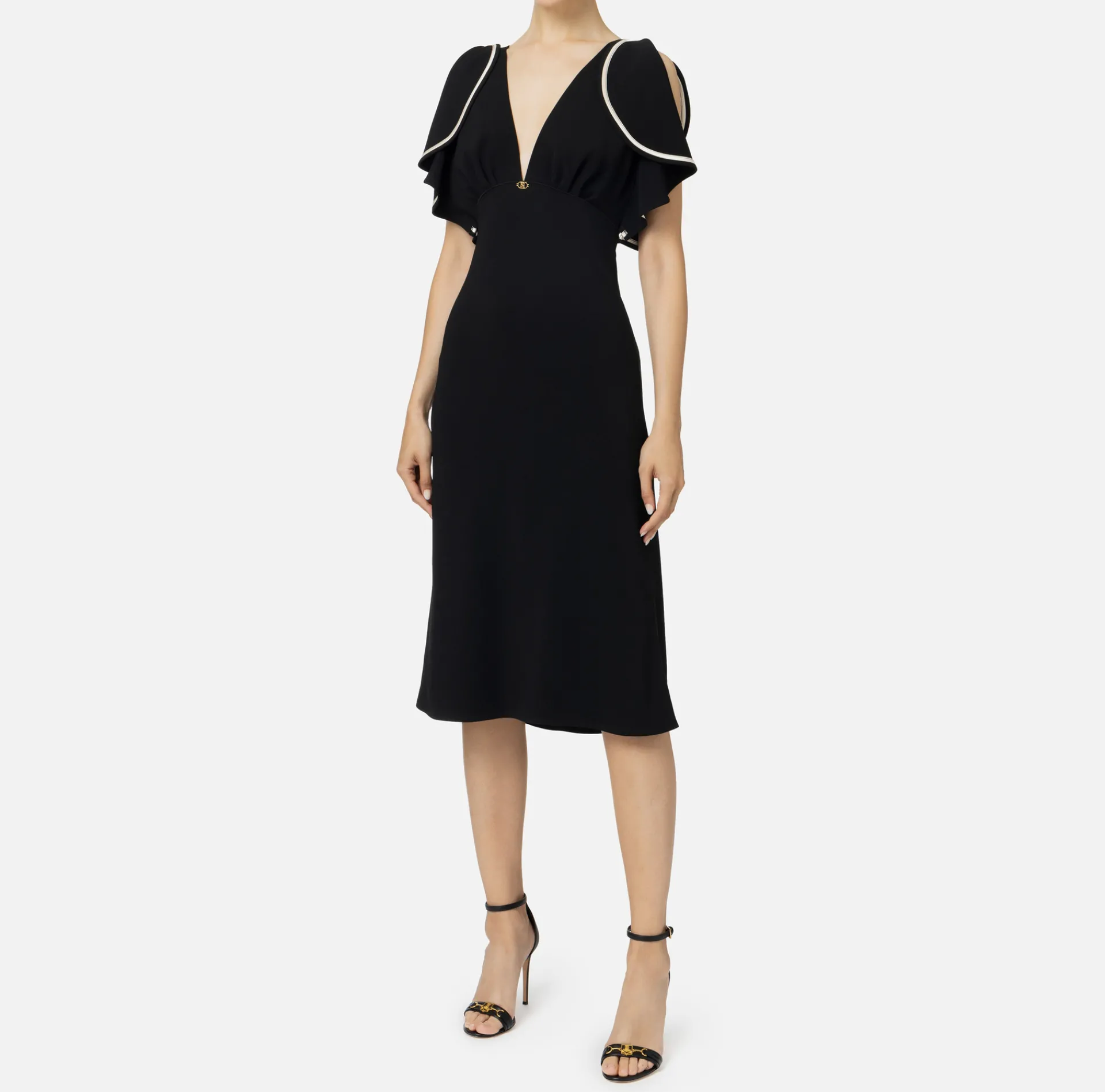 Elisabetta Franchi Midi Dresses|Dresses|Midi dress in flowing crêpe fabric with cap sleeves Black/Butter