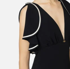 Elisabetta Franchi Midi Dresses|Dresses|Midi dress in flowing crêpe fabric with cap sleeves Black/Butter