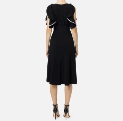 Elisabetta Franchi Midi Dresses|Dresses|Midi dress in flowing crêpe fabric with cap sleeves Black/Butter