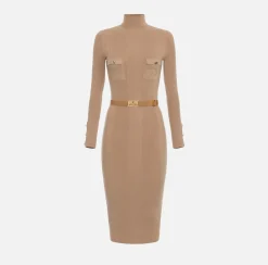 Elisabetta Franchi Midi Dresses|Knitted Dresses|Midi dress in narrow-ribbed viscose and silk fabric with logo embroidery Camel