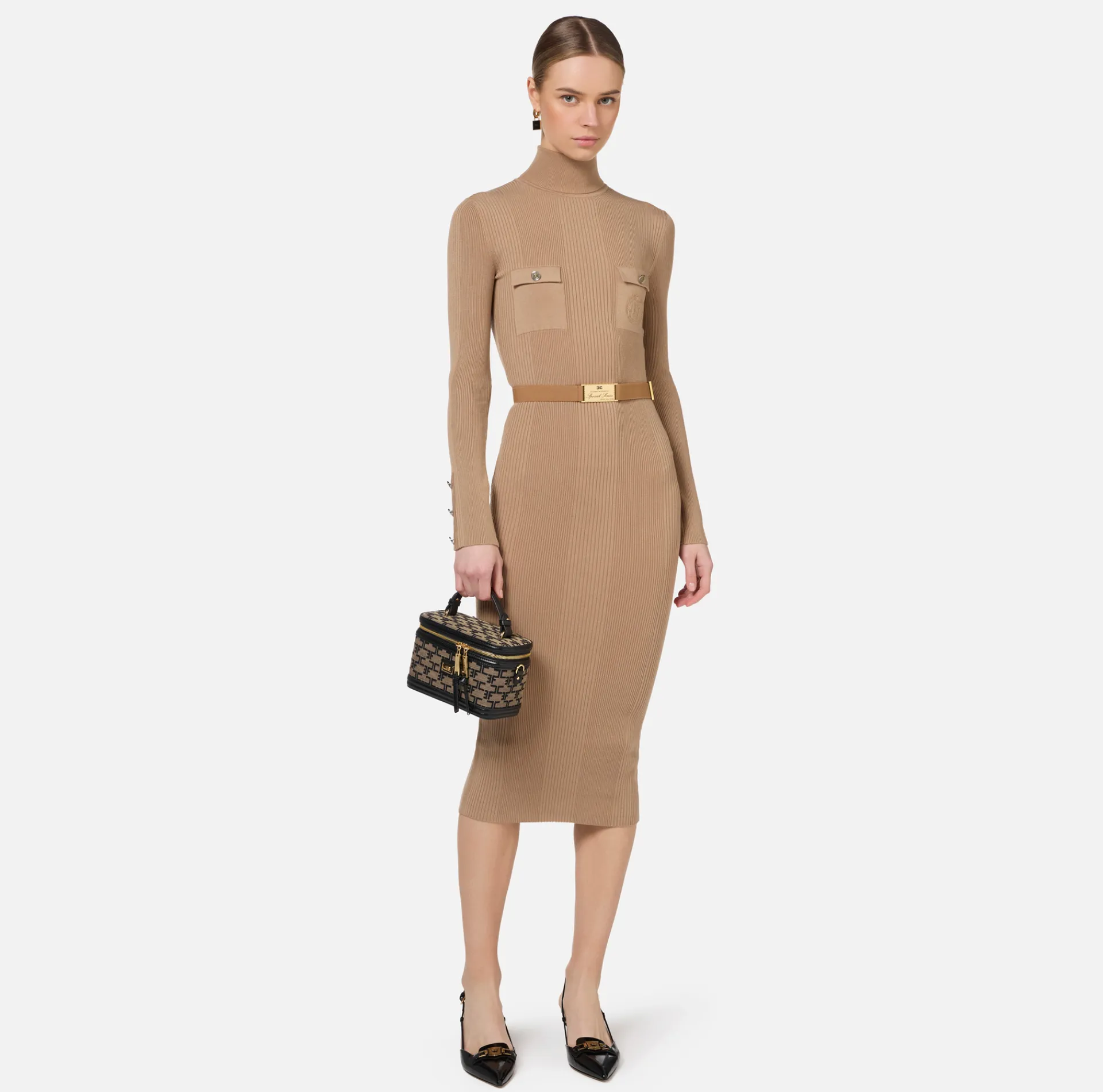 Elisabetta Franchi Midi Dresses|Knitted Dresses|Midi dress in narrow-ribbed viscose and silk fabric with logo embroidery Camel