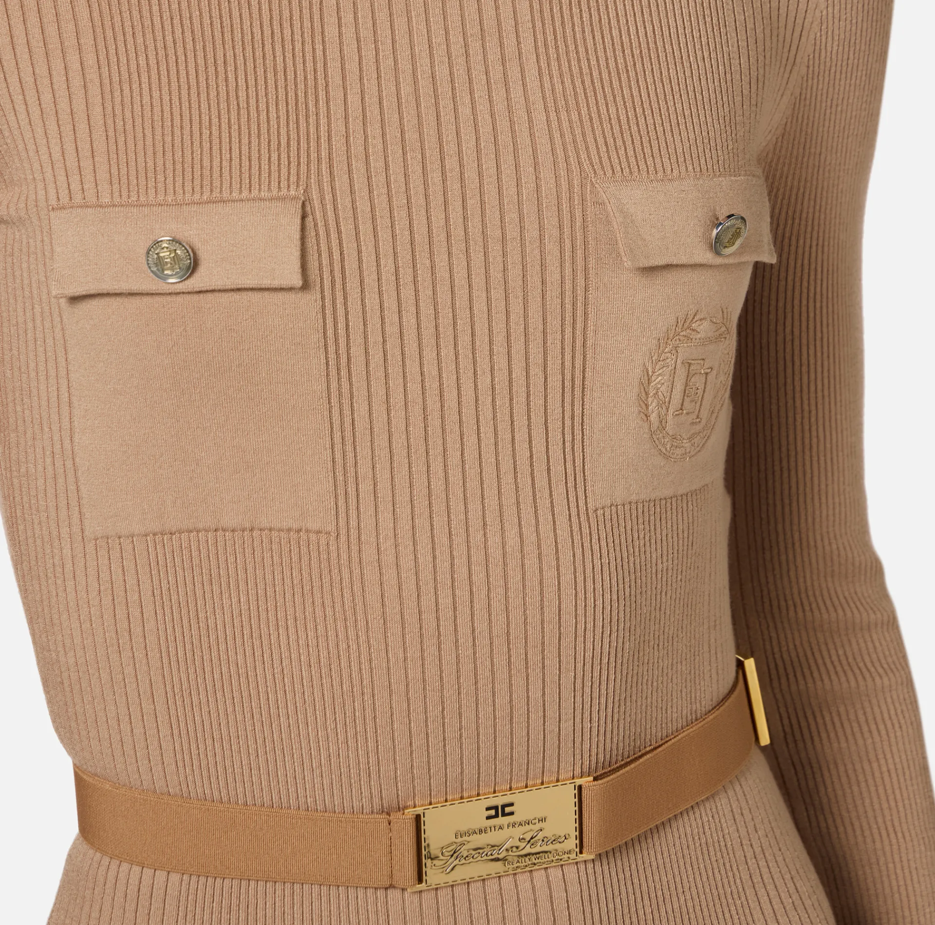 Elisabetta Franchi Midi Dresses|Knitted Dresses|Midi dress in narrow-ribbed viscose and silk fabric with logo embroidery Camel