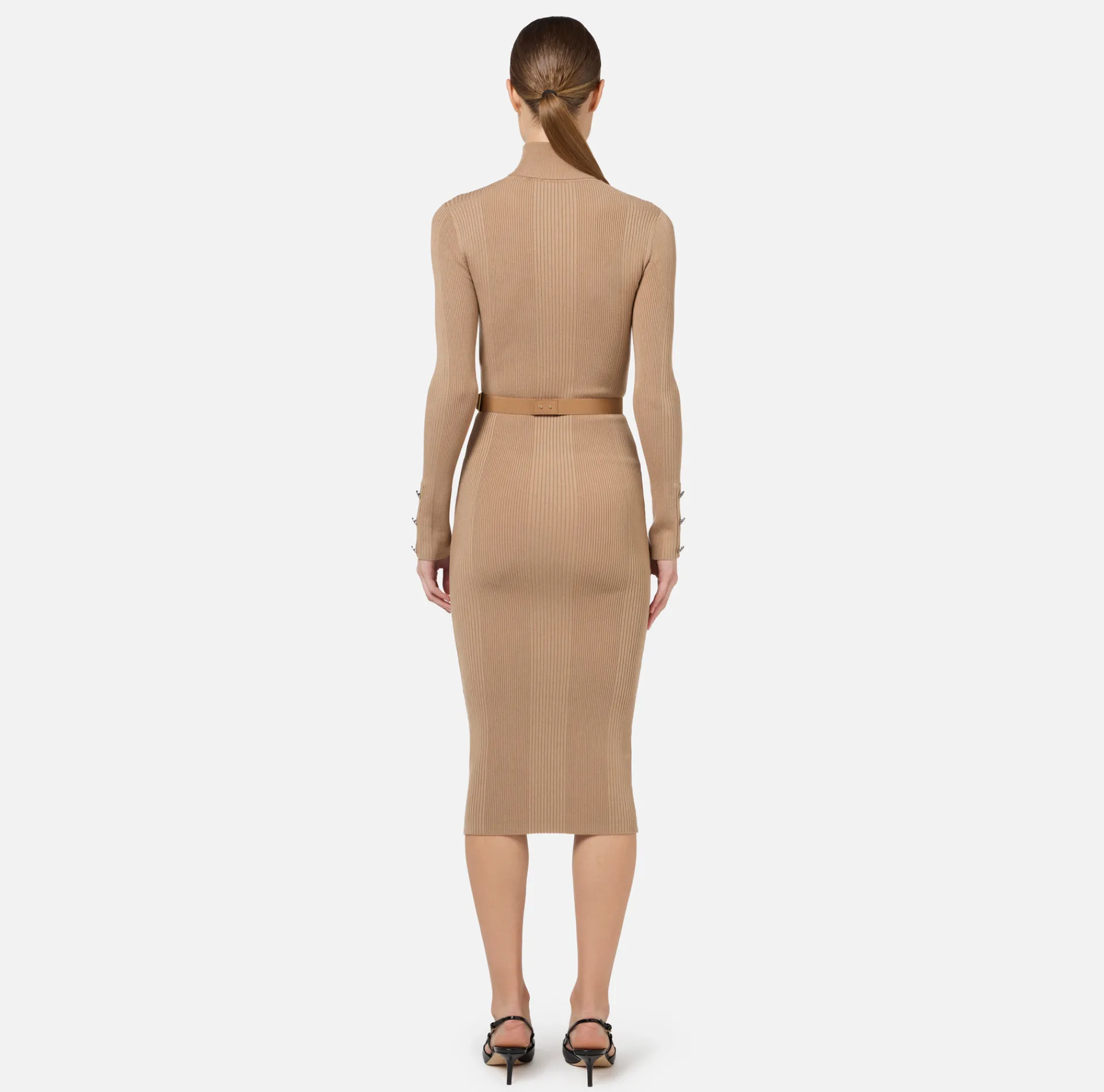 Elisabetta Franchi Midi Dresses|Knitted Dresses|Midi dress in narrow-ribbed viscose and silk fabric with logo embroidery Camel