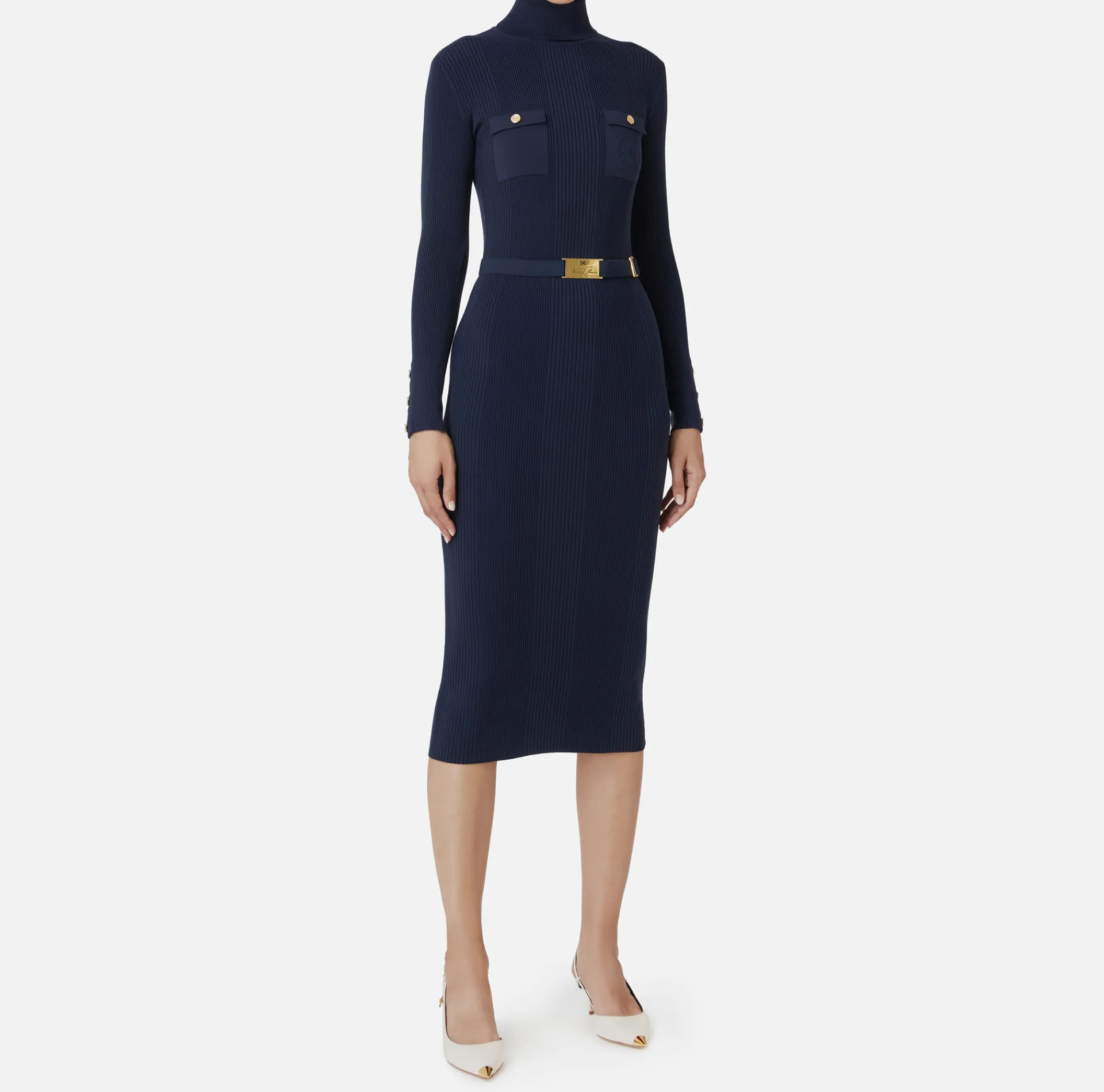 Elisabetta Franchi Midi Dresses|Knitted Dresses|Midi dress in narrow-ribbed viscose and silk fabric with logo embroidery Navy