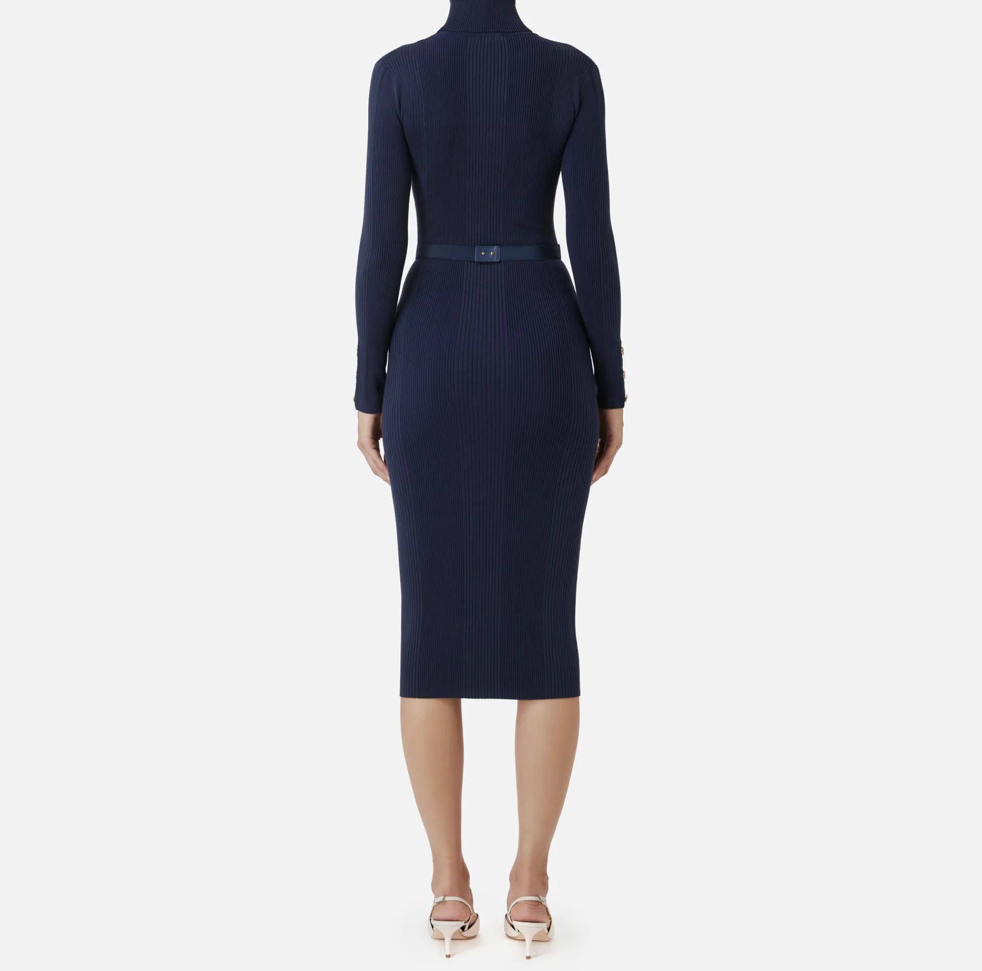 Elisabetta Franchi Midi Dresses|Knitted Dresses|Midi dress in narrow-ribbed viscose and silk fabric with logo embroidery Navy