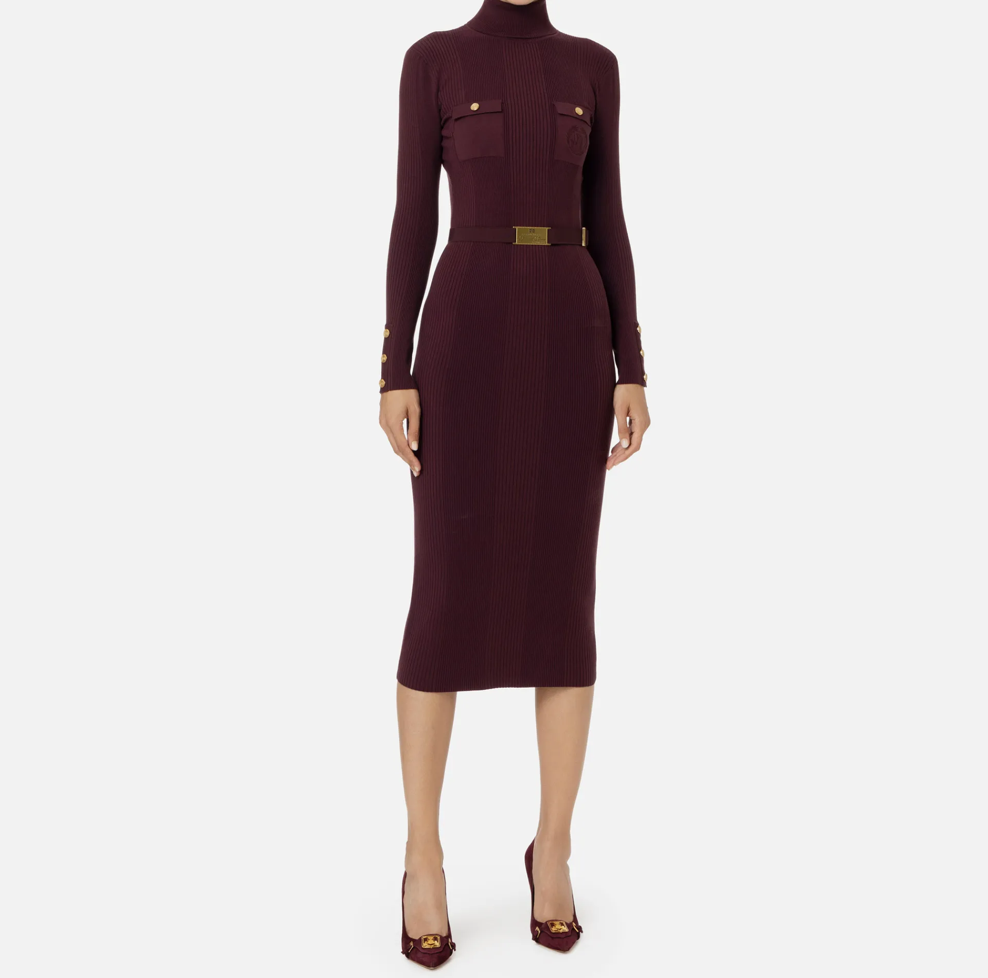 Elisabetta Franchi Midi Dresses|Knitted Dresses|Midi dress in narrow-ribbed viscose and silk fabric with logo embroidery RougeNoir