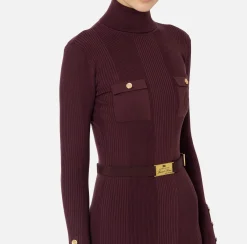 Elisabetta Franchi Midi Dresses|Knitted Dresses|Midi dress in narrow-ribbed viscose and silk fabric with logo embroidery RougeNoir
