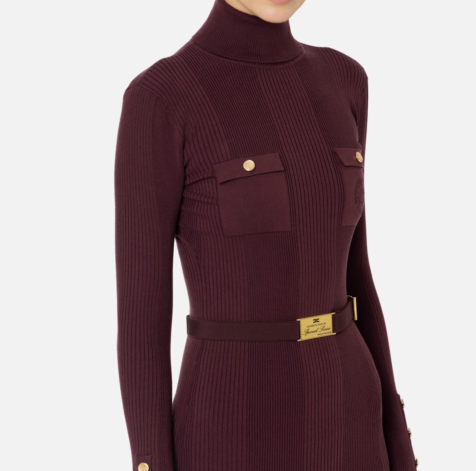 Elisabetta Franchi Midi Dresses|Knitted Dresses|Midi dress in narrow-ribbed viscose and silk fabric with logo embroidery RougeNoir