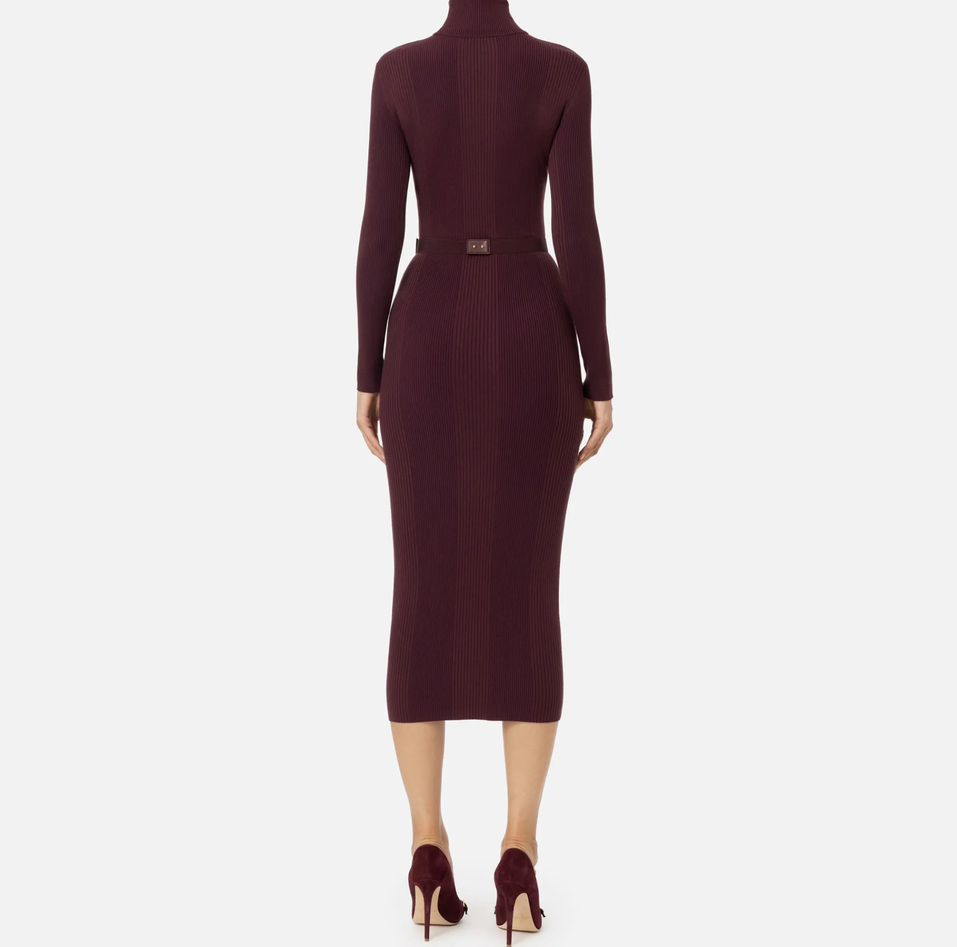 Elisabetta Franchi Midi Dresses|Knitted Dresses|Midi dress in narrow-ribbed viscose and silk fabric with logo embroidery RougeNoir
