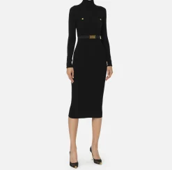 Elisabetta Franchi Midi Dresses|Knitted Dresses|Midi dress in narrow-ribbed viscose and silk fabric with logo embroidery Black