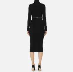 Elisabetta Franchi Midi Dresses|Knitted Dresses|Midi dress in narrow-ribbed viscose and silk fabric with logo embroidery Black