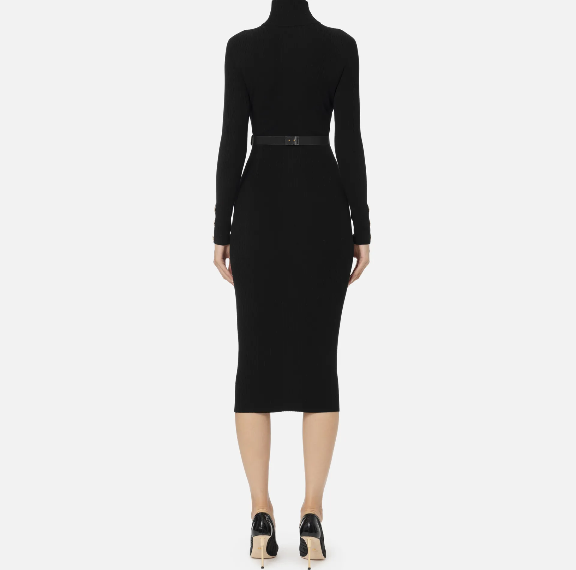 Elisabetta Franchi Midi Dresses|Knitted Dresses|Midi dress in narrow-ribbed viscose and silk fabric with logo embroidery Black
