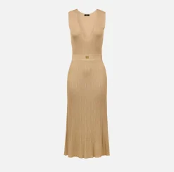 Elisabetta Franchi Midi Dresses|Knitted Dresses|Midi dress in pleated rib viscose fabric Cream